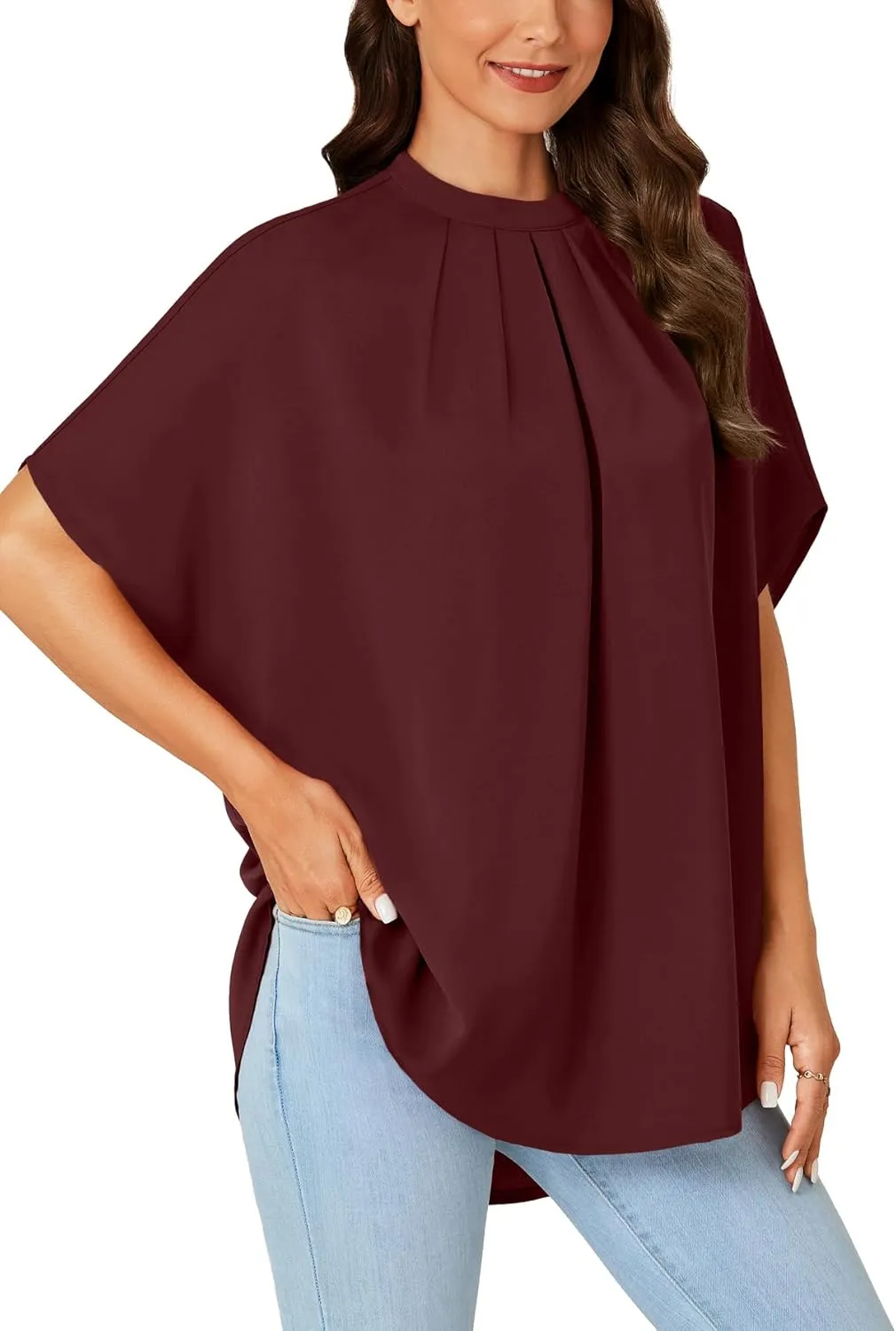 Vrtige Women's Casual Mock Neck Pleated Batwing Short Sleeve Oversized Blouse Shirt Top