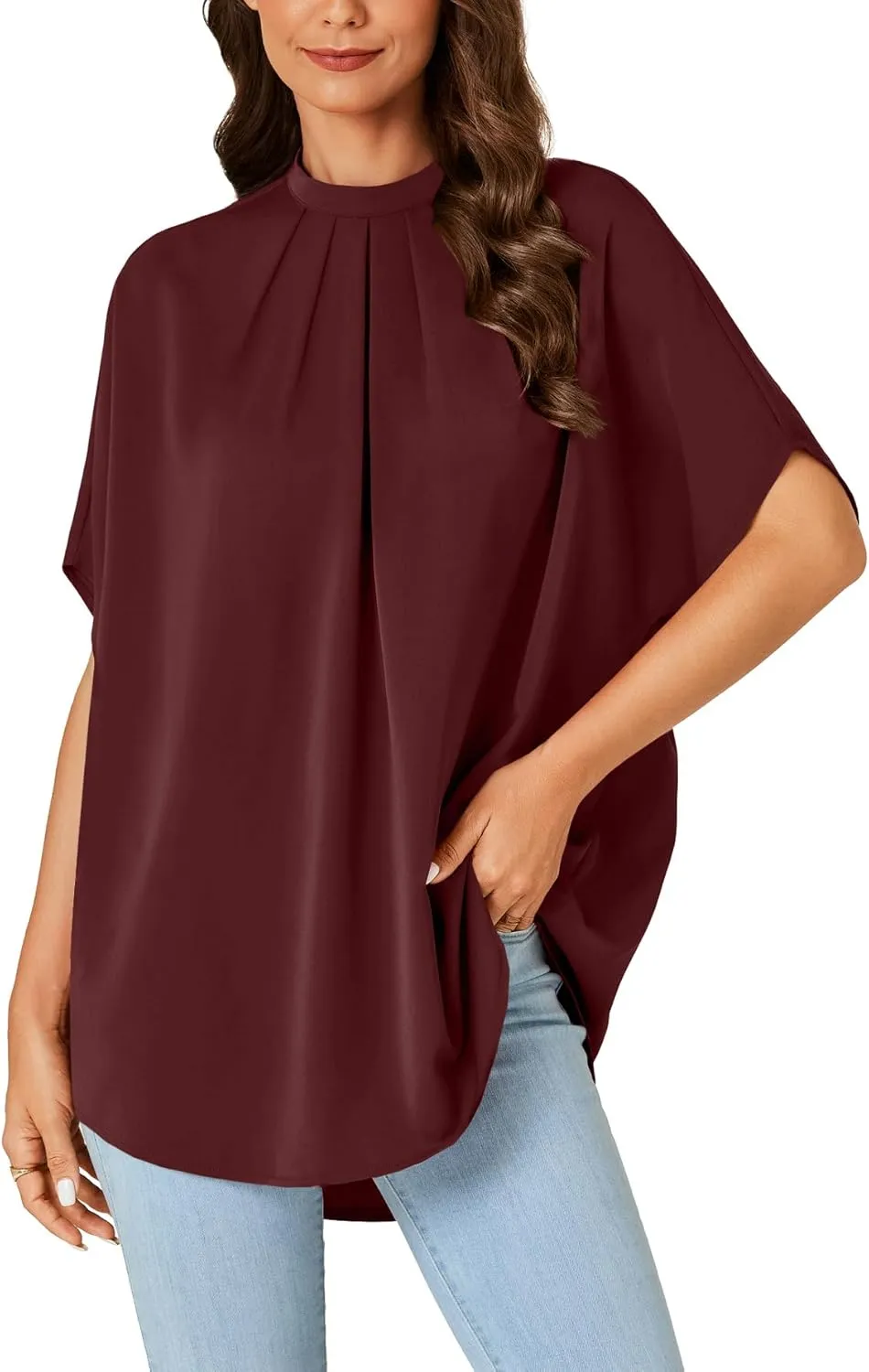 Vrtige Women's Casual Mock Neck Pleated Batwing Short Sleeve Oversized Blouse Shirt Top