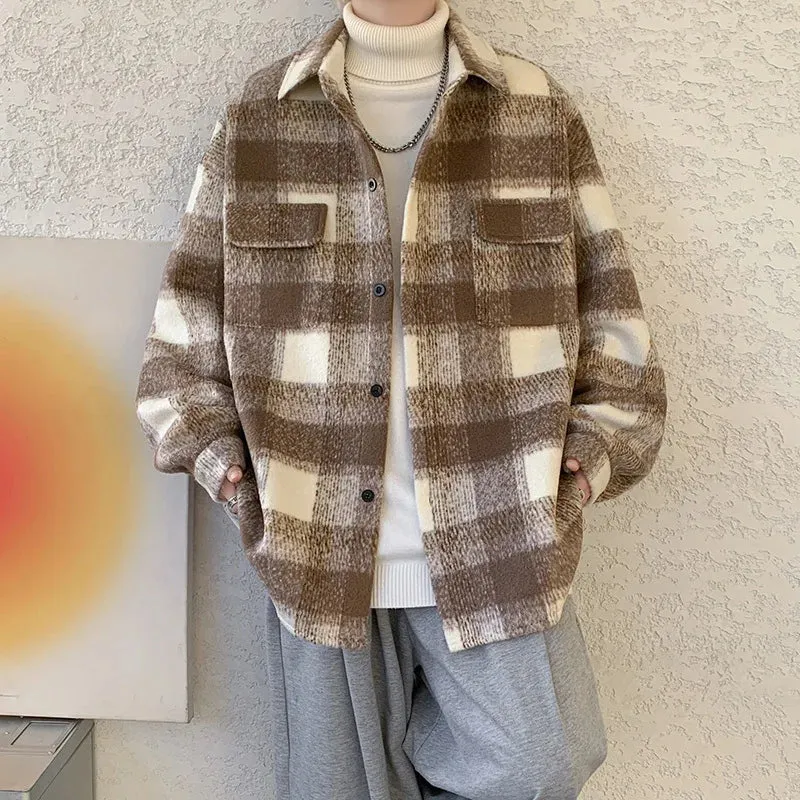 Wiaofellas  -  Winter Woolen Coat Men Warm Fashion Retro Thicken Plaid Coat Men Streetwear Korean Loose Short Woolen Coat Mens Thick Jacket