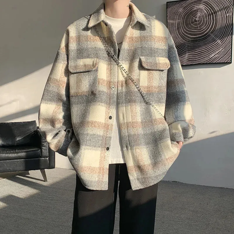 Wiaofellas  -  Winter Woolen Coat Men Warm Fashion Retro Thicken Plaid Coat Men Streetwear Korean Loose Short Woolen Coat Mens Thick Jacket