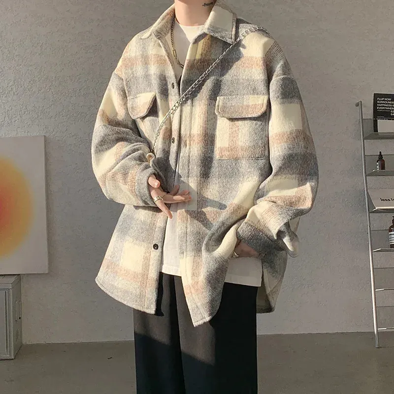 Wiaofellas  -  Winter Woolen Coat Men Warm Fashion Retro Thicken Plaid Coat Men Streetwear Korean Loose Short Woolen Coat Mens Thick Jacket
