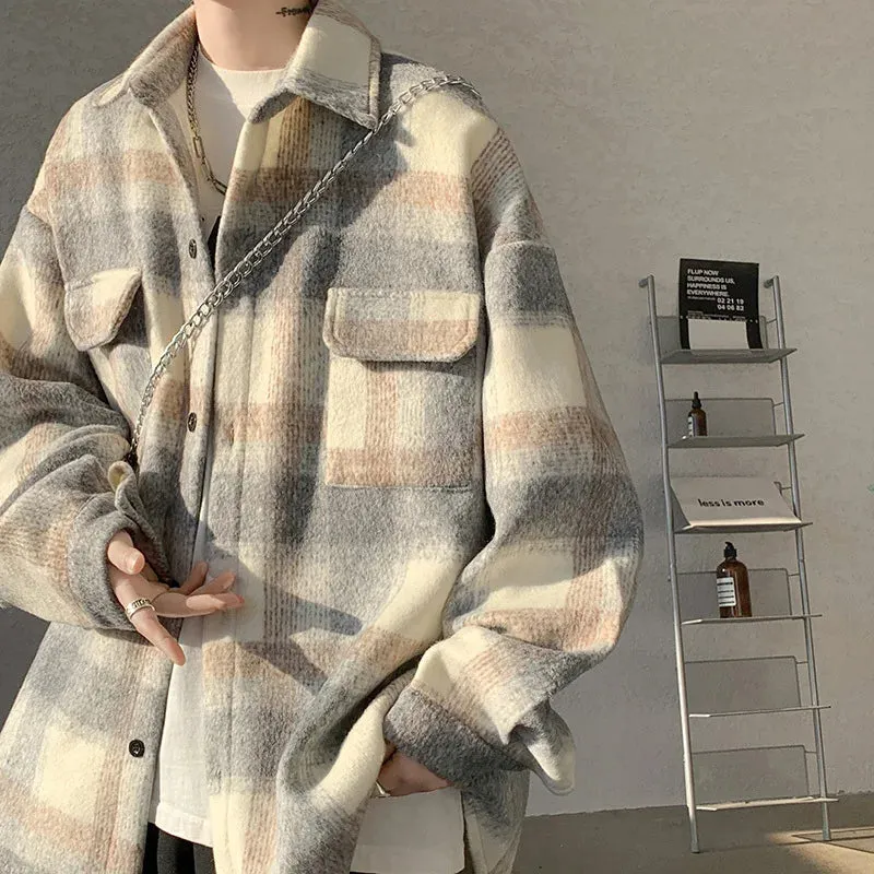 Wiaofellas  -  Winter Woolen Coat Men Warm Fashion Retro Thicken Plaid Coat Men Streetwear Korean Loose Short Woolen Coat Mens Thick Jacket