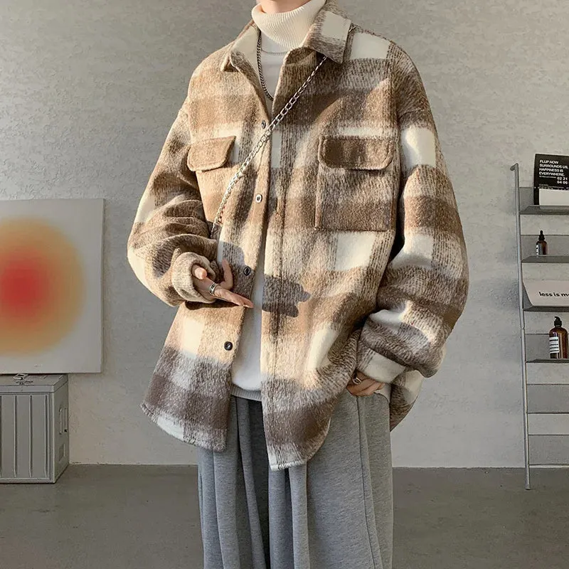 Wiaofellas  -  Winter Woolen Coat Men Warm Fashion Retro Thicken Plaid Coat Men Streetwear Korean Loose Short Woolen Coat Mens Thick Jacket