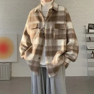 Wiaofellas  -  Winter Woolen Coat Men Warm Fashion Retro Thicken Plaid Coat Men Streetwear Korean Loose Short Woolen Coat Mens Thick Jacket