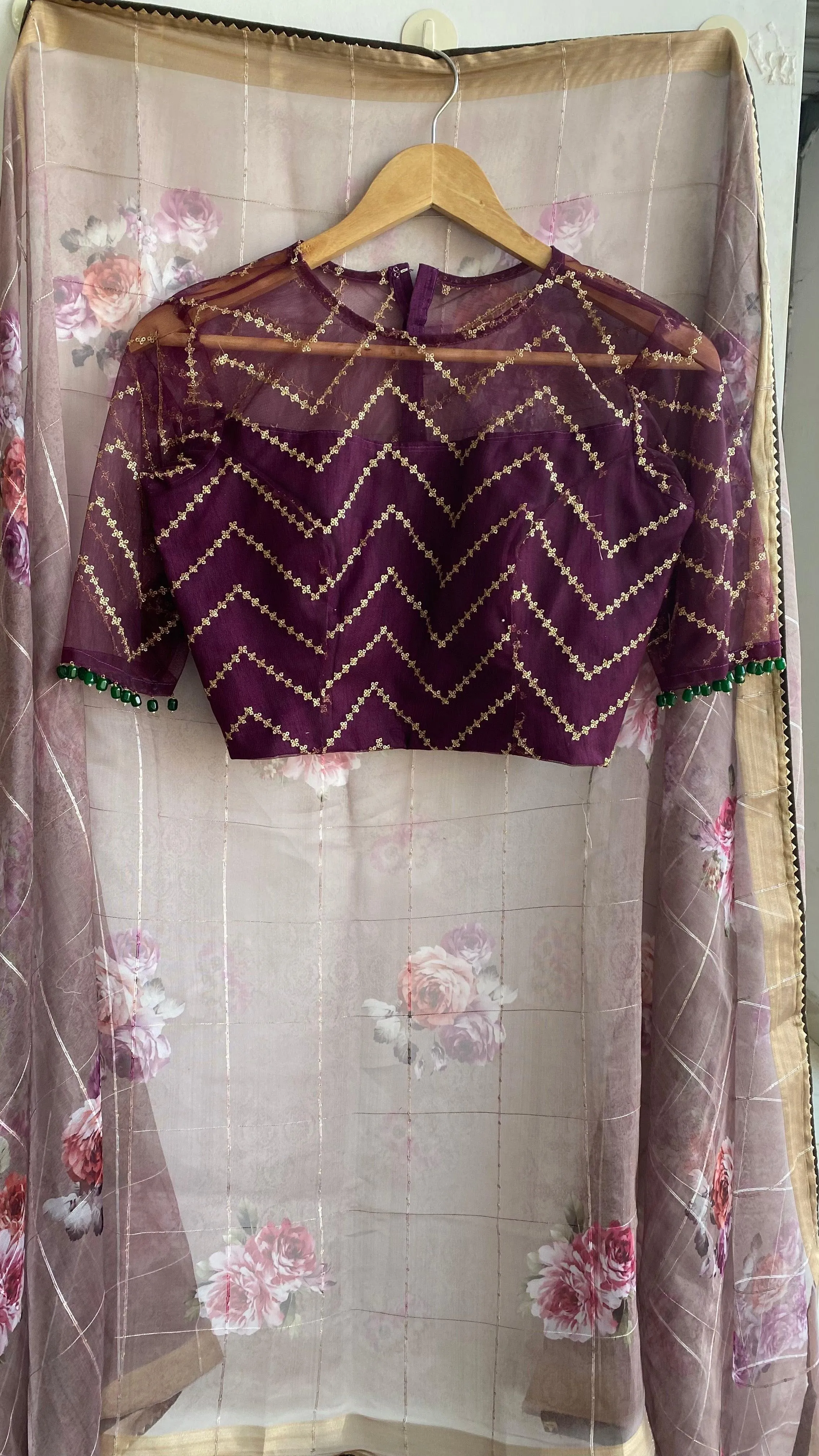 Wine netted hand worked blouse for designer saree