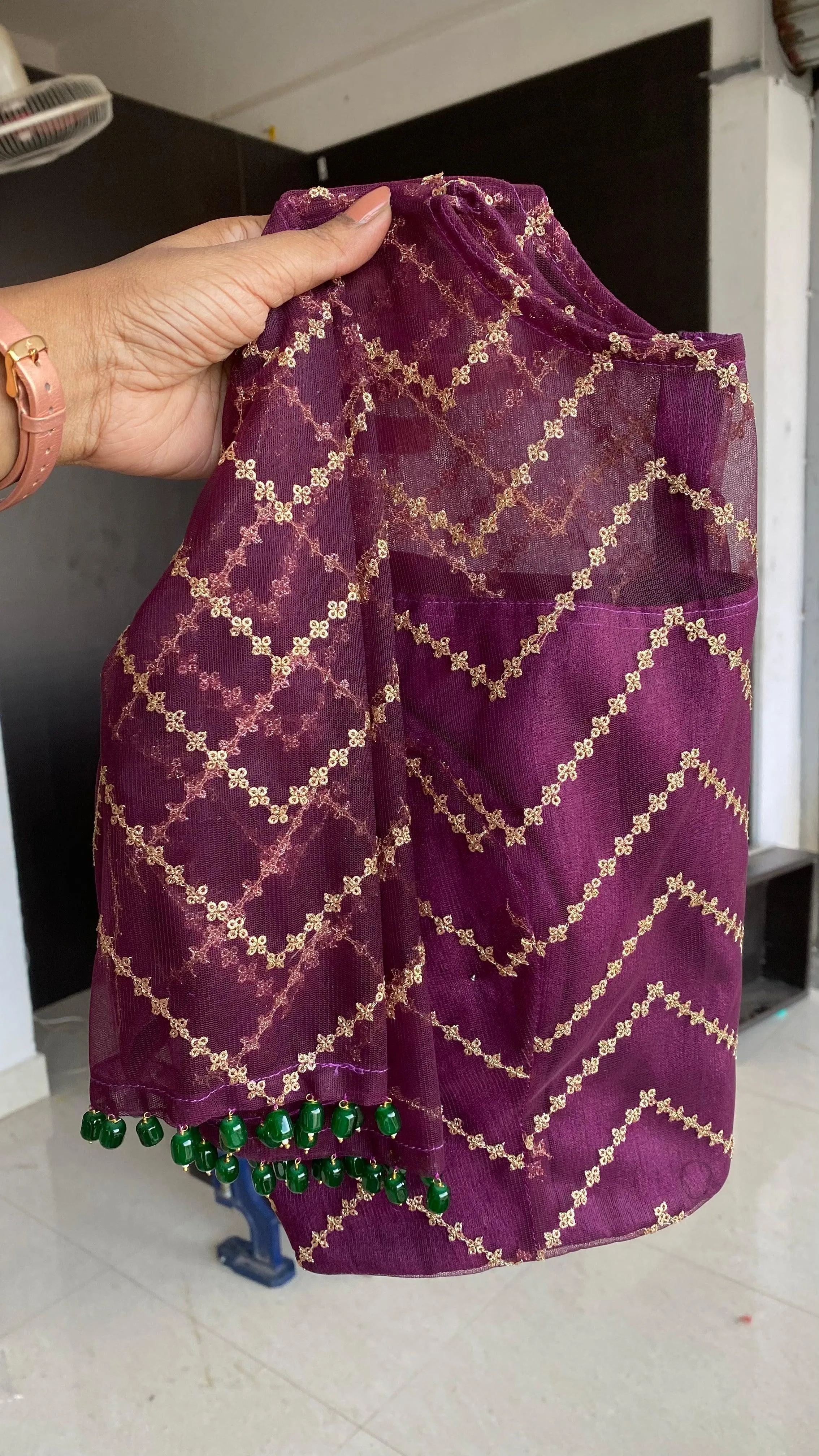 Wine netted hand worked blouse for designer saree