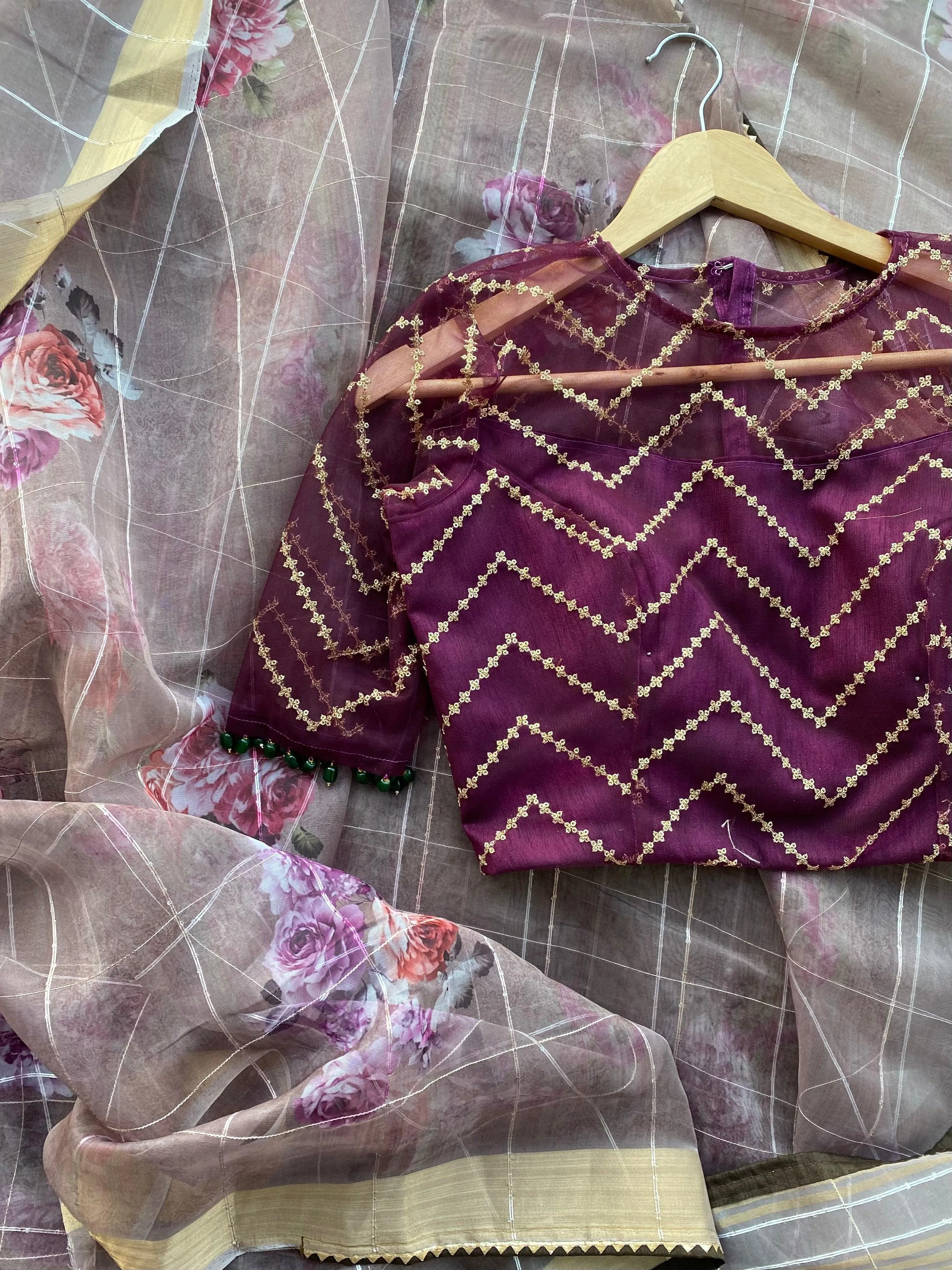 Wine netted hand worked blouse for designer saree