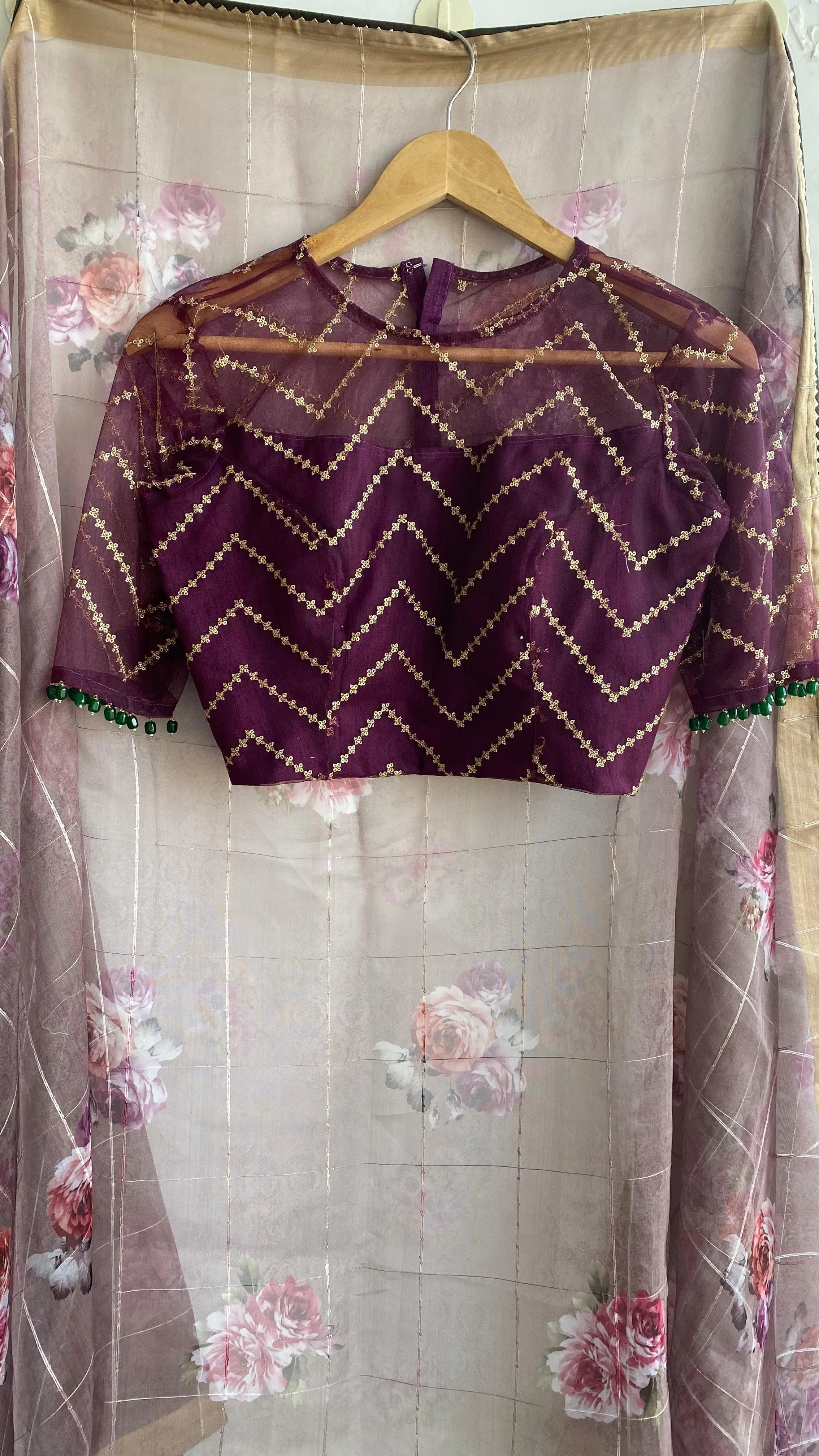 Wine netted hand worked blouse for designer saree