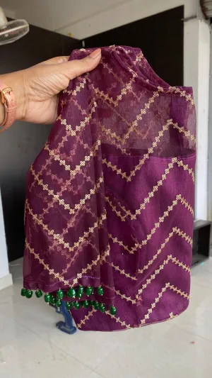 Wine netted hand worked blouse for designer saree
