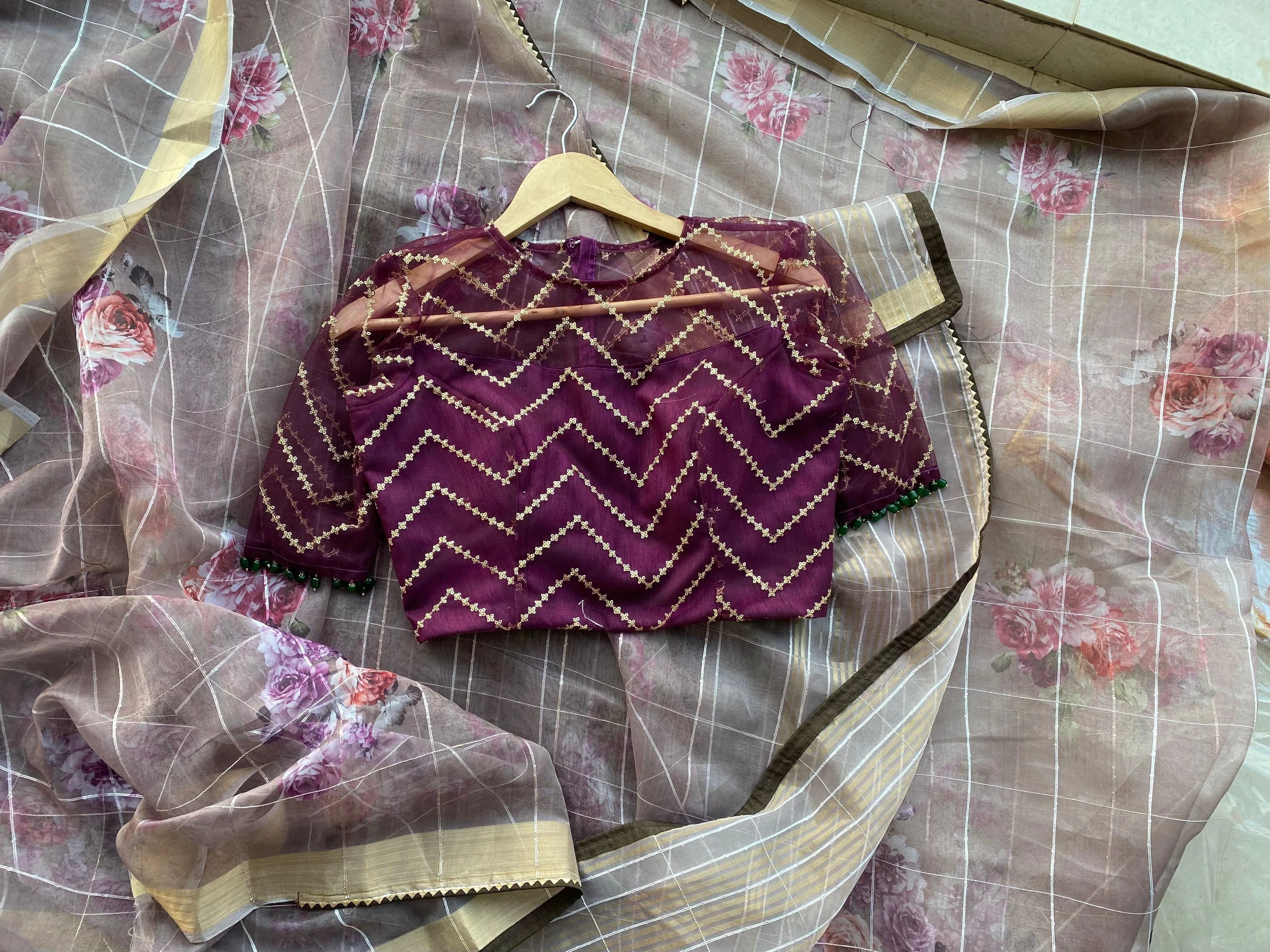 Wine netted hand worked blouse for designer saree
