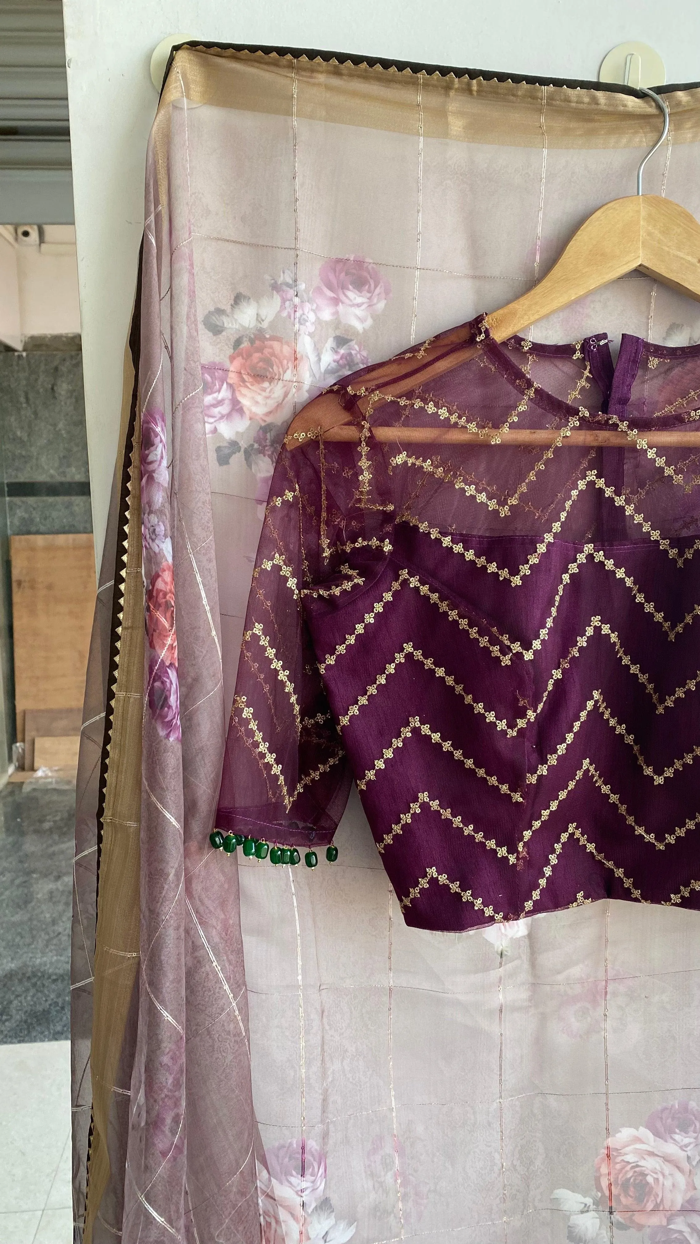 Wine netted hand worked blouse for designer saree