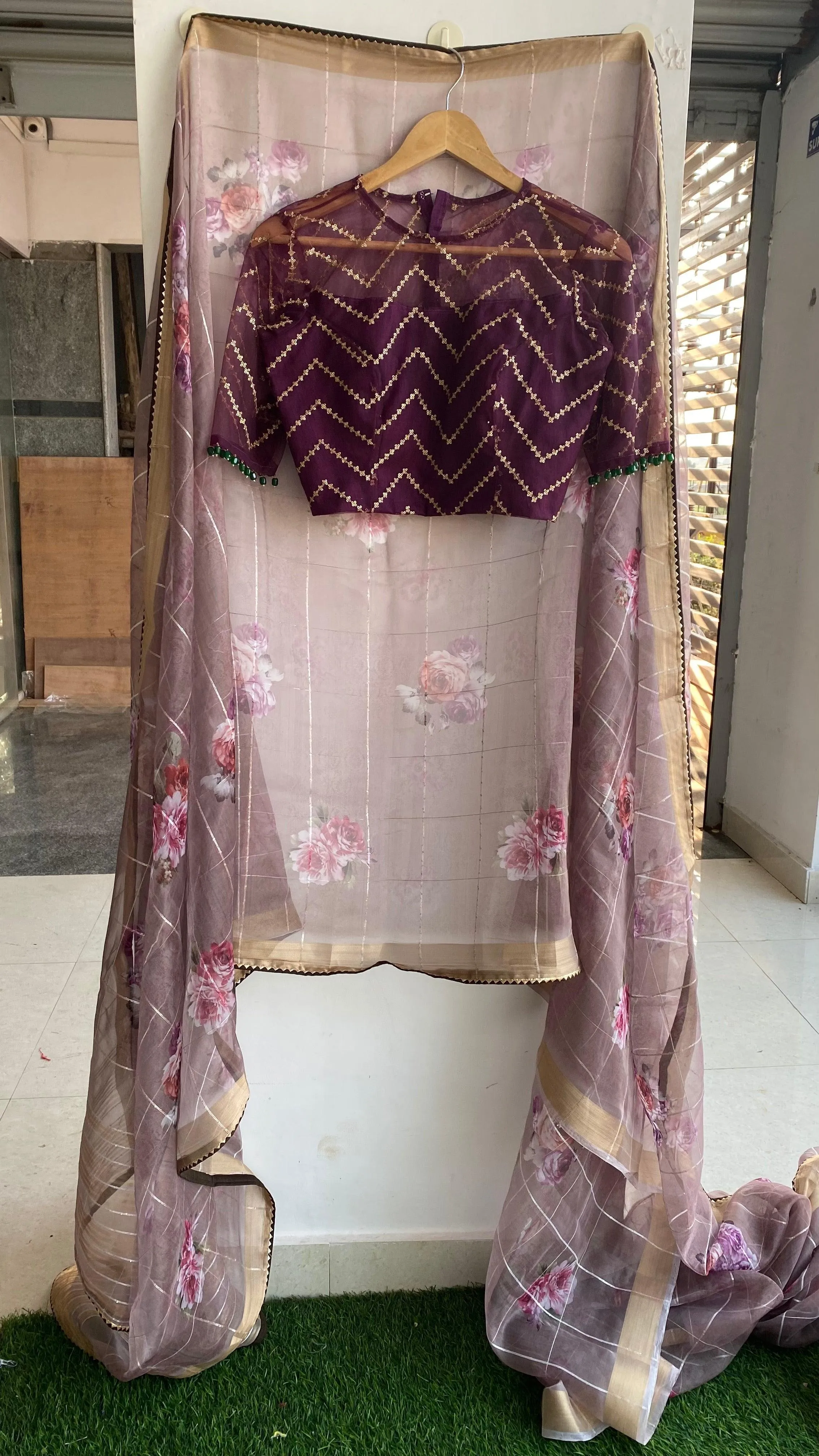Wine netted hand worked blouse for designer saree