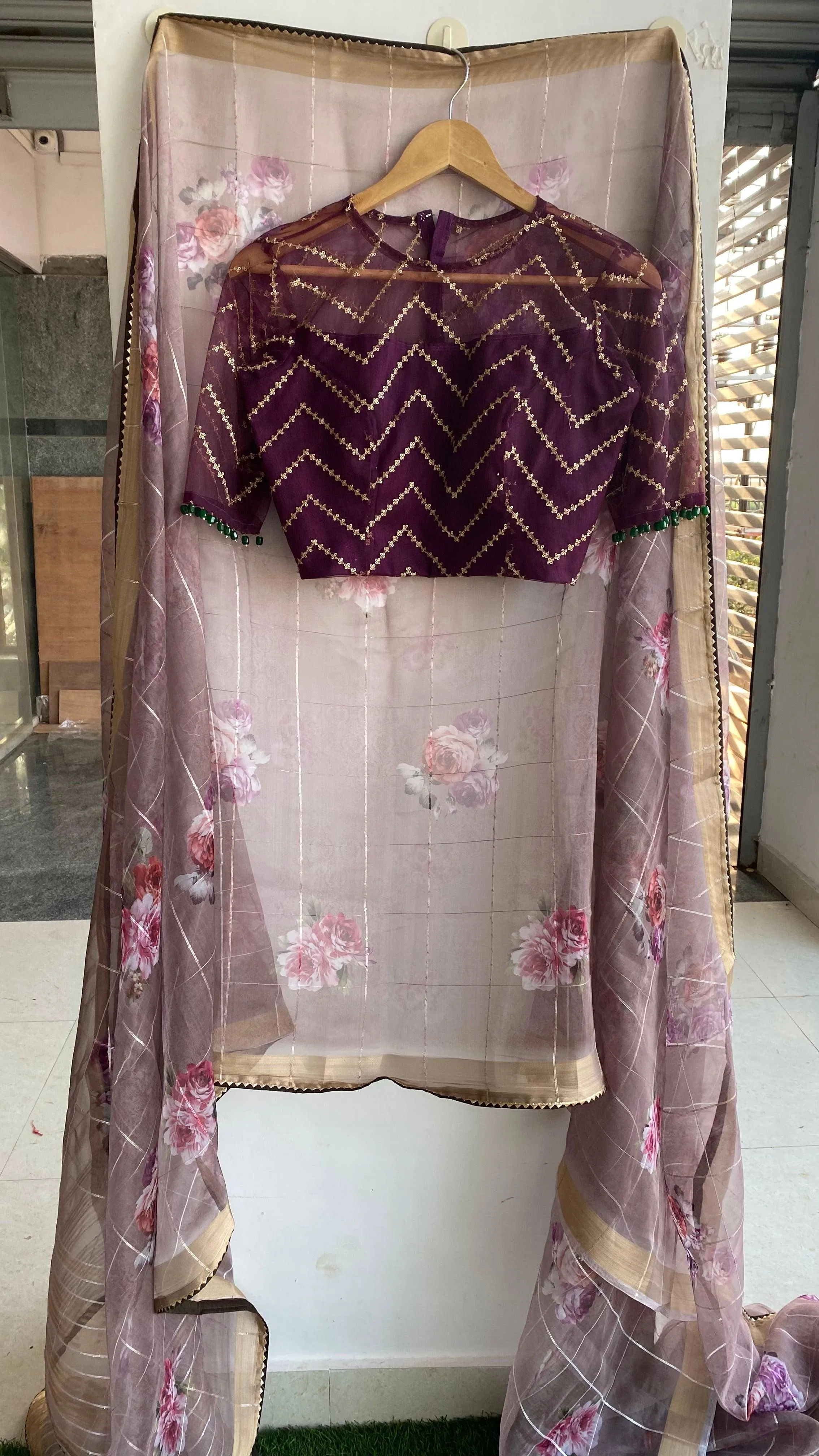Wine netted hand worked blouse for designer saree