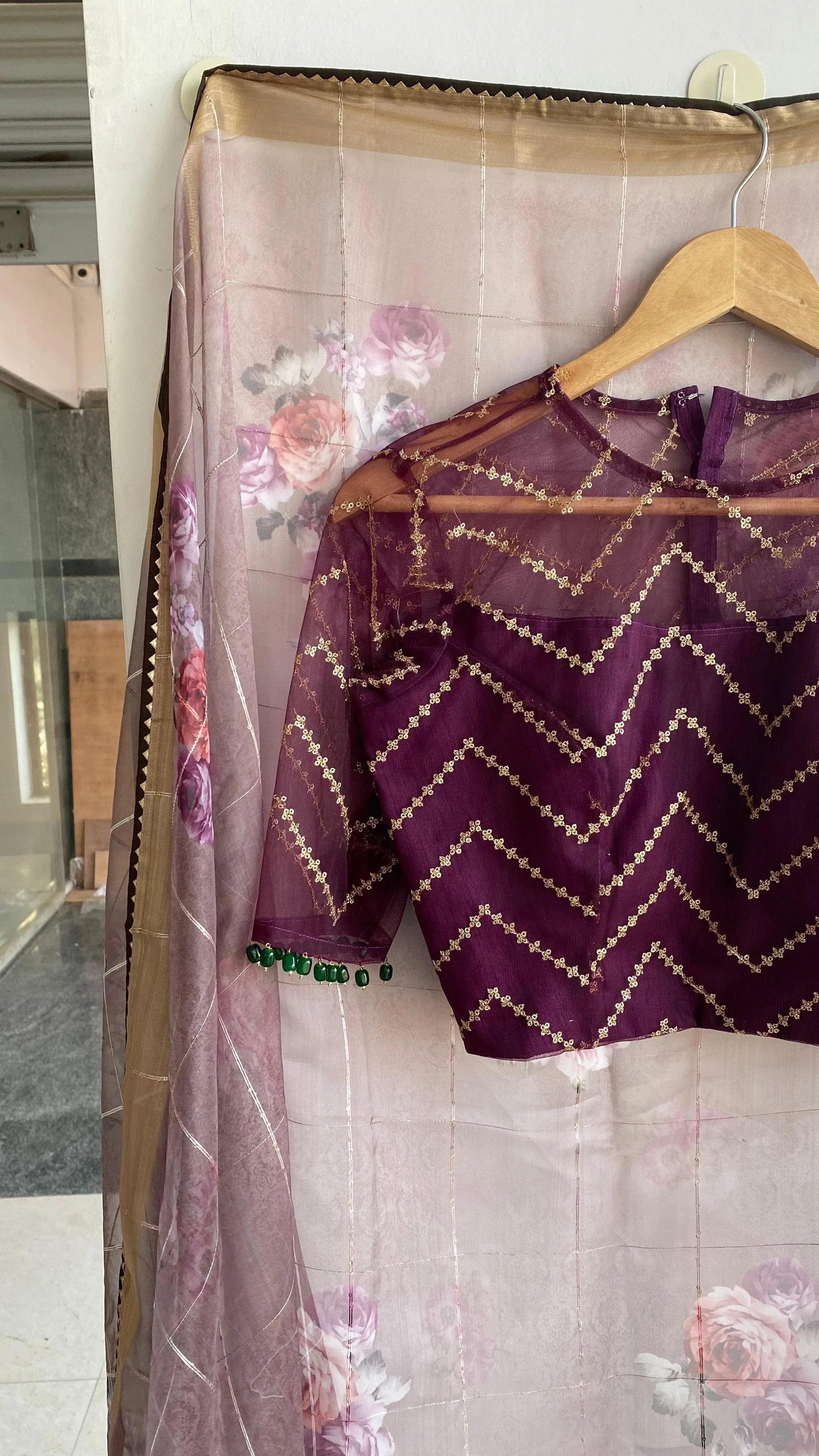 Wine netted hand worked blouse for designer saree