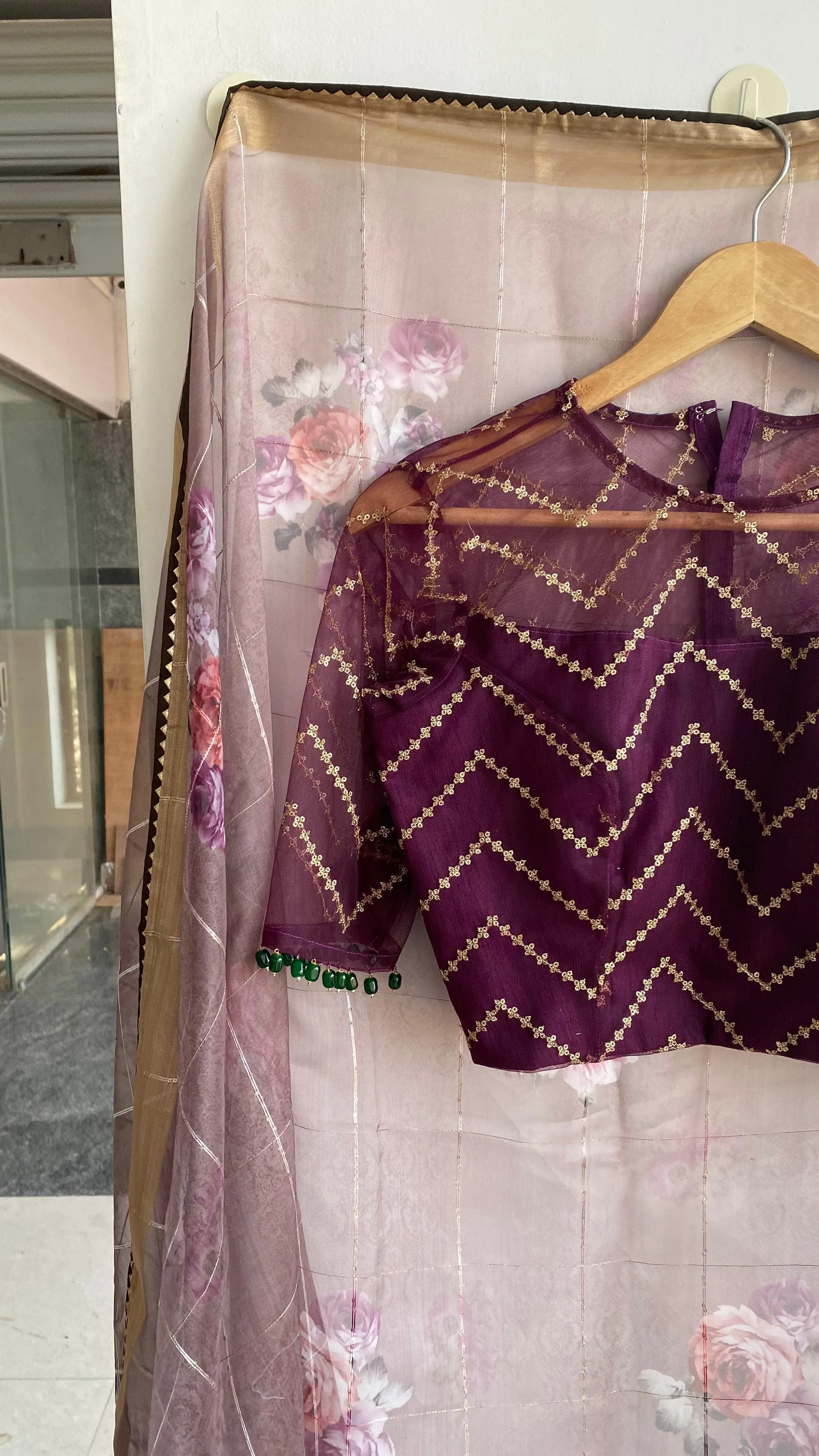 Wine netted hand worked blouse for designer saree