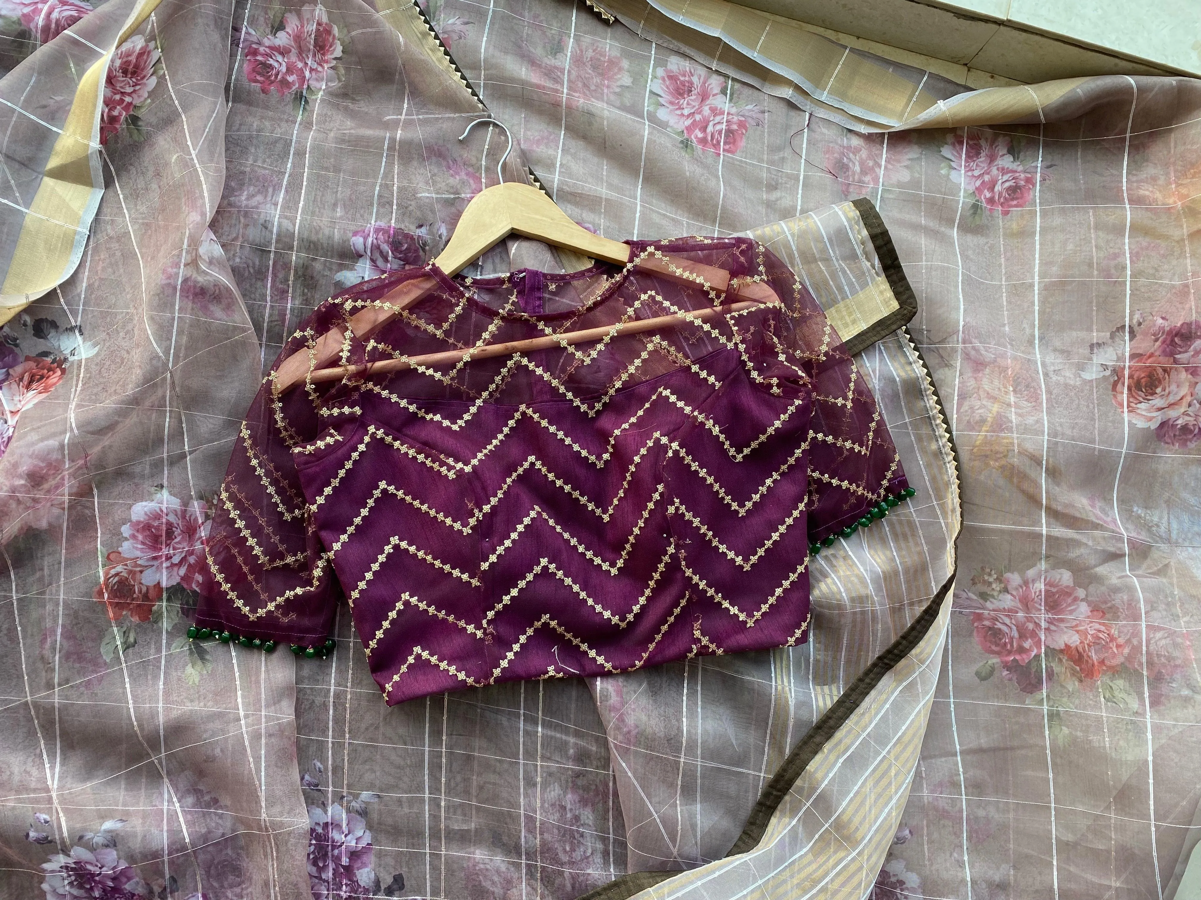 Wine netted hand worked blouse for designer saree