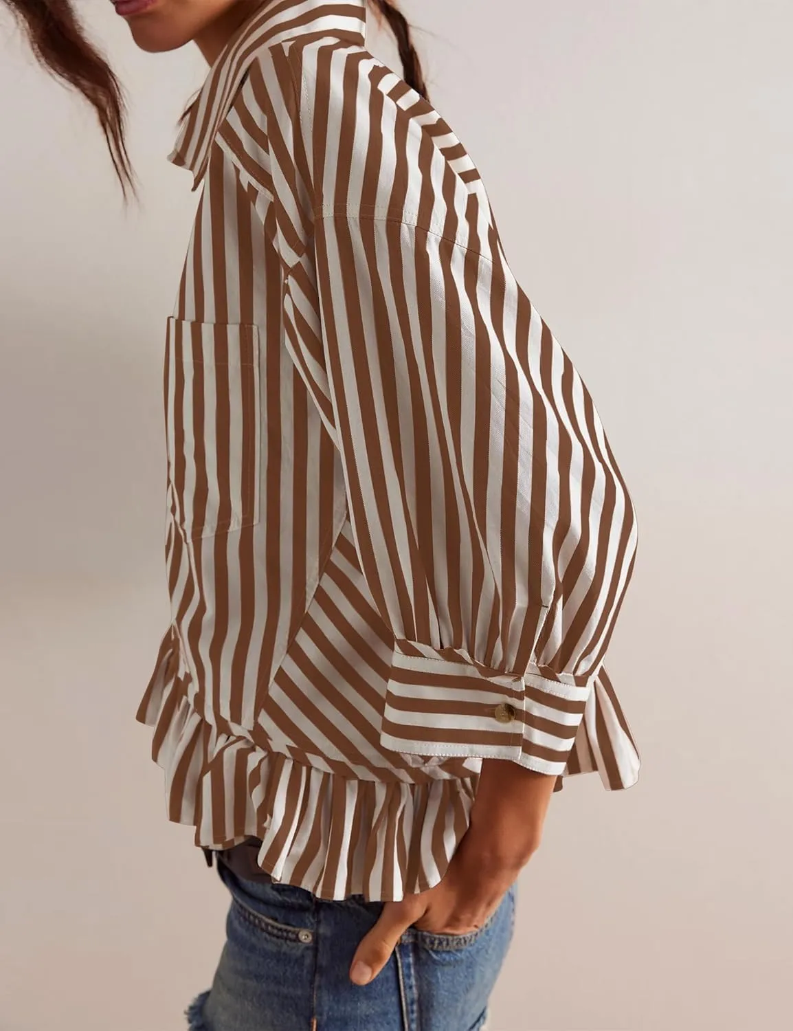 Women Peplum Button Down Shirts 3/4 Length Sleeve Business Casual Tops Crop Striped Oversized Shirts Blouses Tops