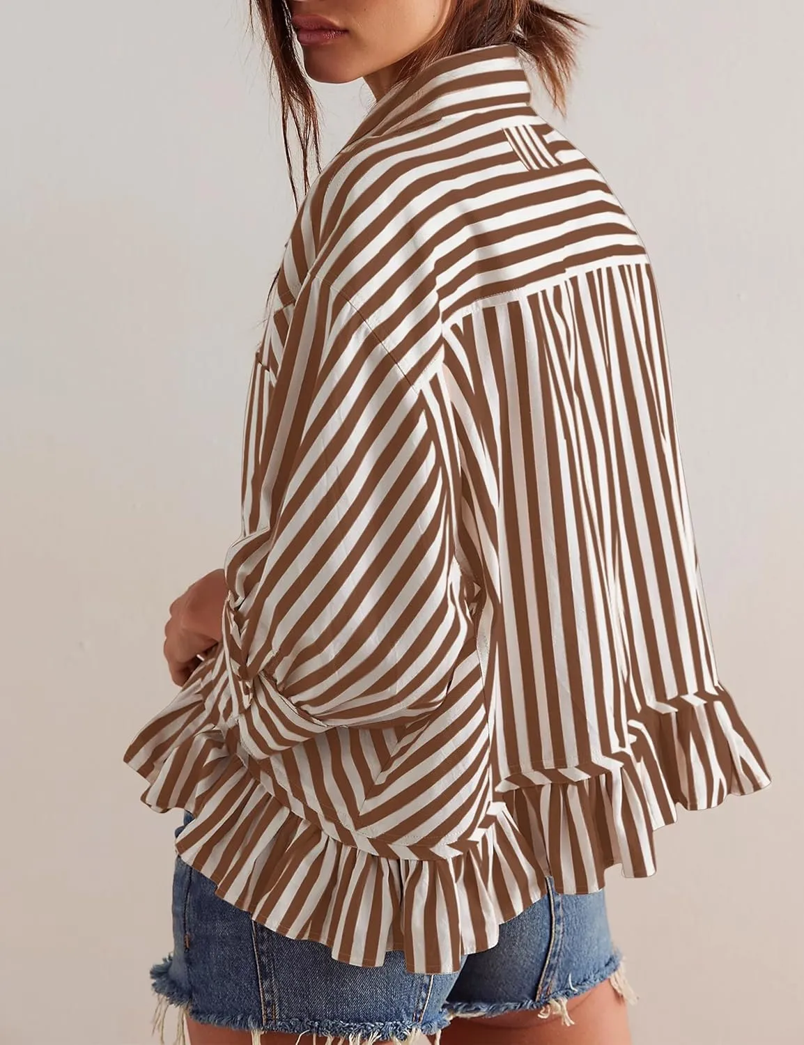 Women Peplum Button Down Shirts 3/4 Length Sleeve Business Casual Tops Crop Striped Oversized Shirts Blouses Tops