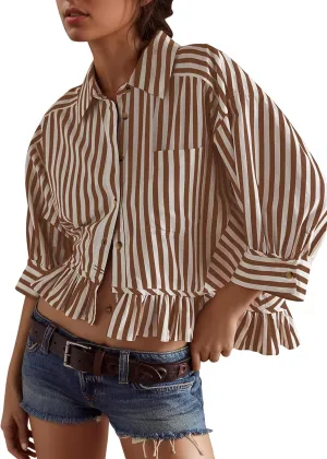 Women Peplum Button Down Shirts 3/4 Length Sleeve Business Casual Tops Crop Striped Oversized Shirts Blouses Tops