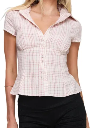 Women Y2K Plaid Button Down Shirt Coquette Short Sleeve V Neck Blouses Top Vintage Preppy Crop Top Shirt
