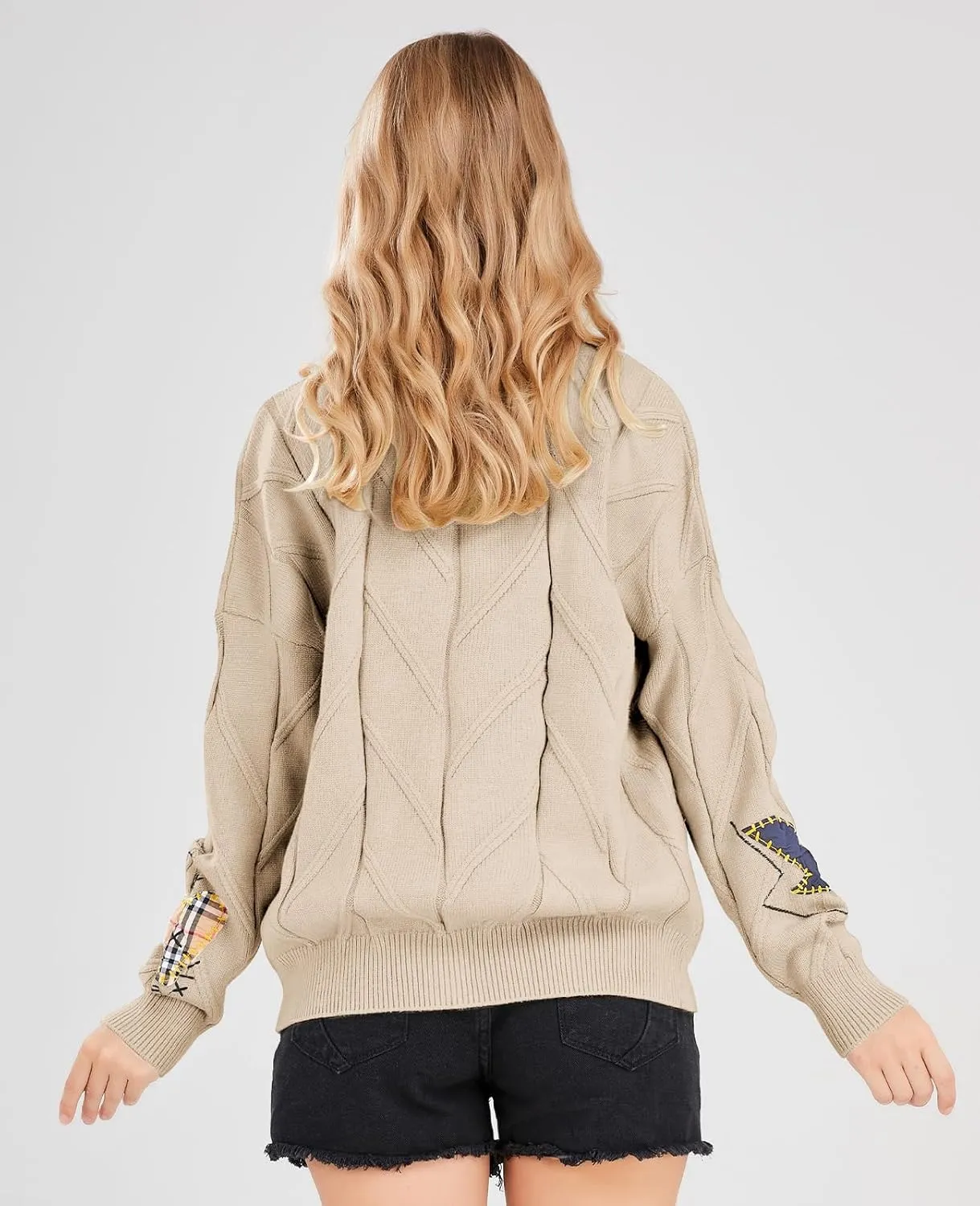 Women's Cable Knit Long Sleeve Open Front Cardigan Sheep V-Neck Button Down Embroidery Wool Blend Sweater Coat Outwear