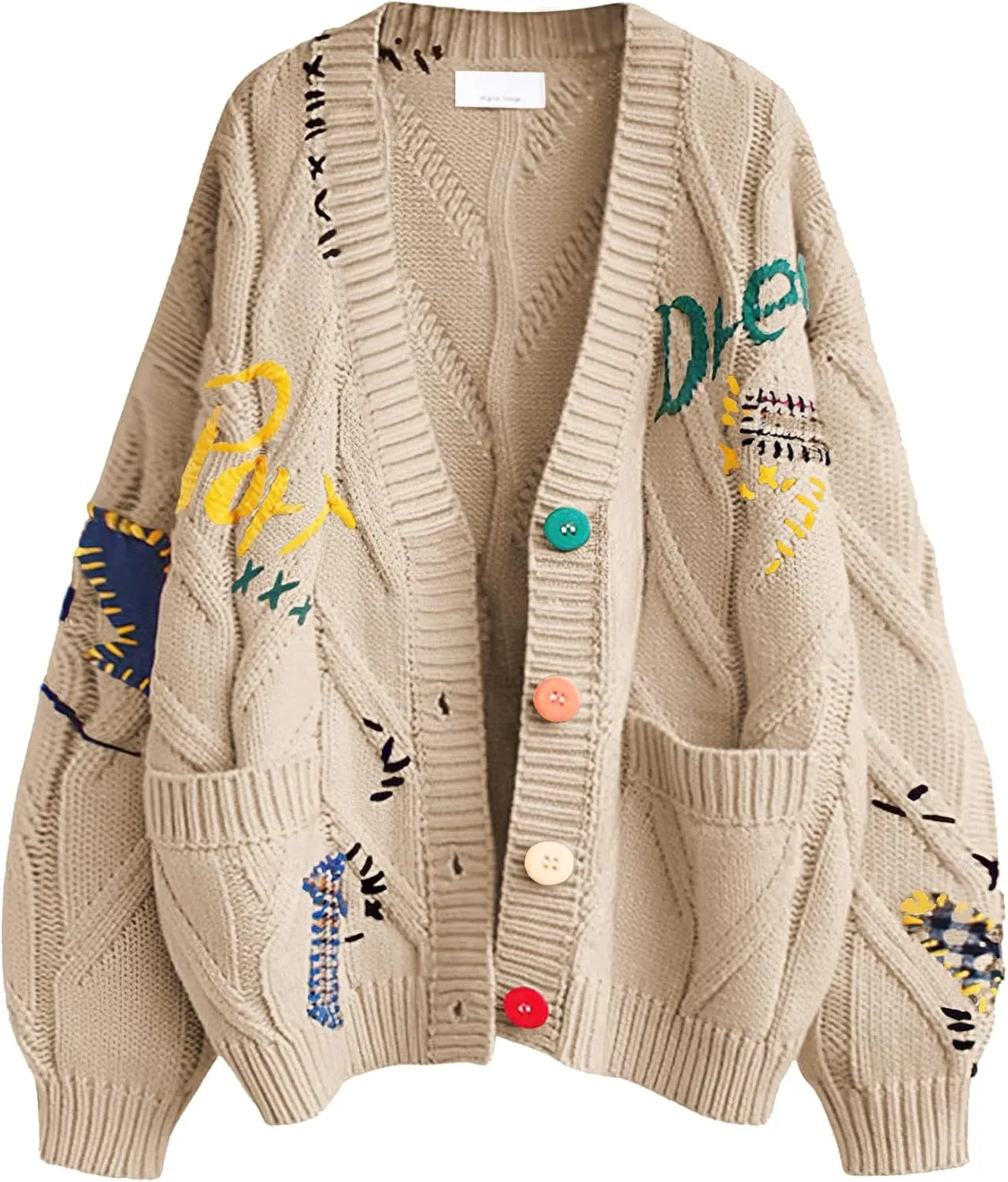 Women's Cable Knit Long Sleeve Open Front Cardigan Sheep V-Neck Button Down Embroidery Wool Blend Sweater Coat Outwear