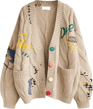Women's Cable Knit Long Sleeve Open Front Cardigan Sheep V-Neck Button Down Embroidery Wool Blend Sweater Coat Outwear