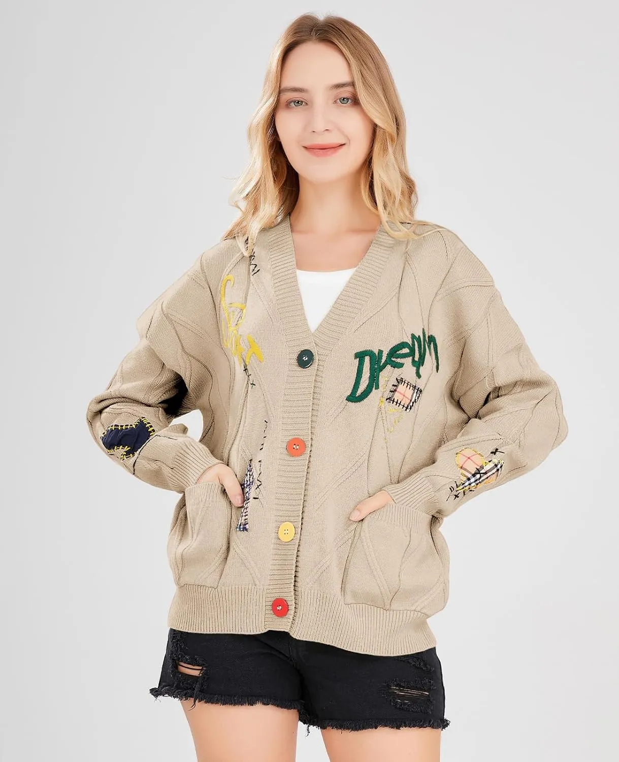 Women's Cable Knit Long Sleeve Open Front Cardigan Sheep V-Neck Button Down Embroidery Wool Blend Sweater Coat Outwear