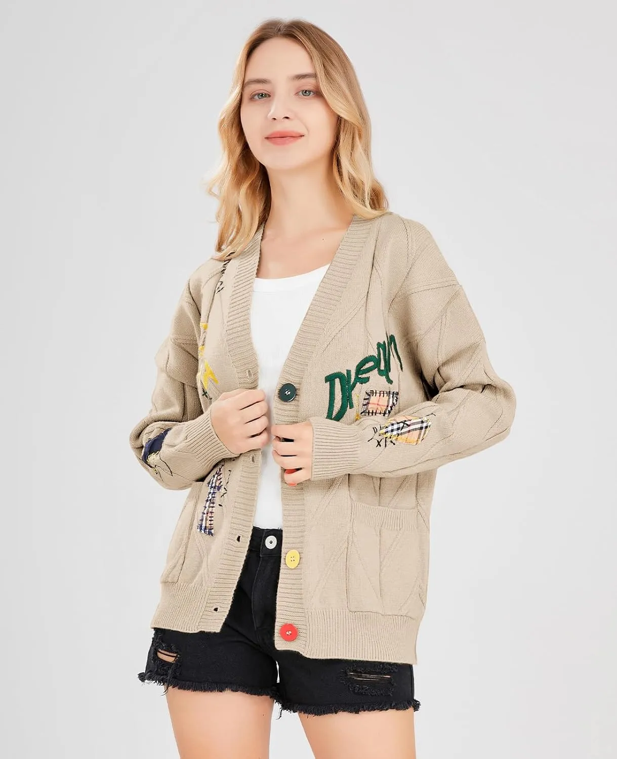 Women's Cable Knit Long Sleeve Open Front Cardigan Sheep V-Neck Button Down Embroidery Wool Blend Sweater Coat Outwear