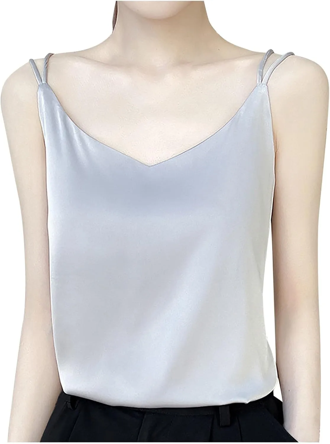 Womens Camisole Summer Casual Silk Satin Tank Tops Spaghetti Strap Cami V Neck Sleeveless Vest Work Office Basic Top