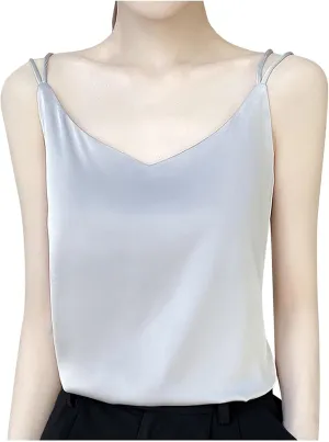 Womens Camisole Summer Casual Silk Satin Tank Tops Spaghetti Strap Cami V Neck Sleeveless Vest Work Office Basic Top