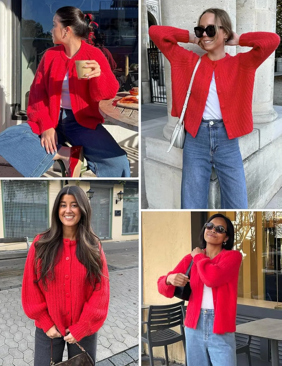 Women's Casual Puff Long Sleeve Crew Neck Cardigan Button Down Open Front Knit Loose Sweater Outwear