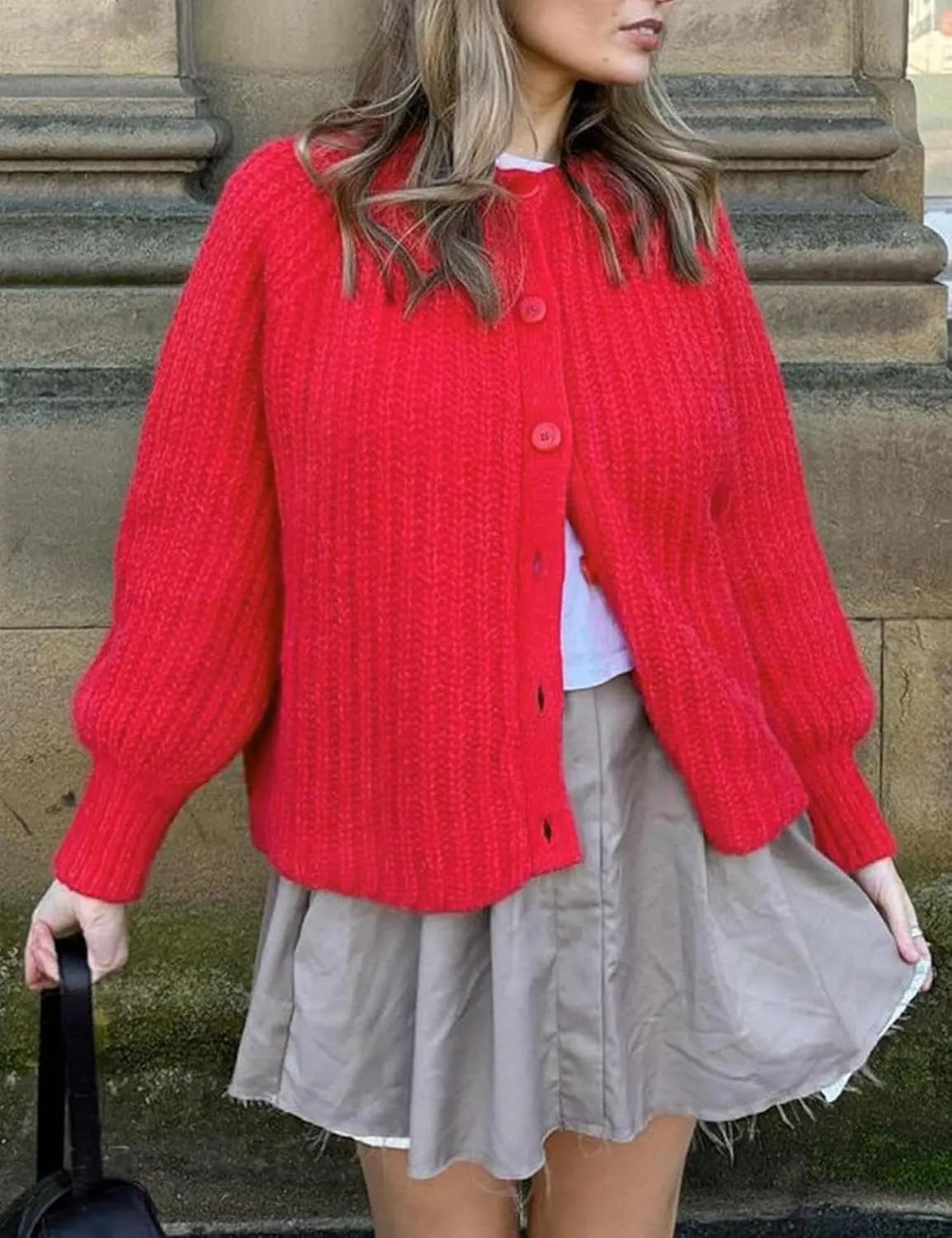 Women's Casual Puff Long Sleeve Crew Neck Cardigan Button Down Open Front Knit Loose Sweater Outwear