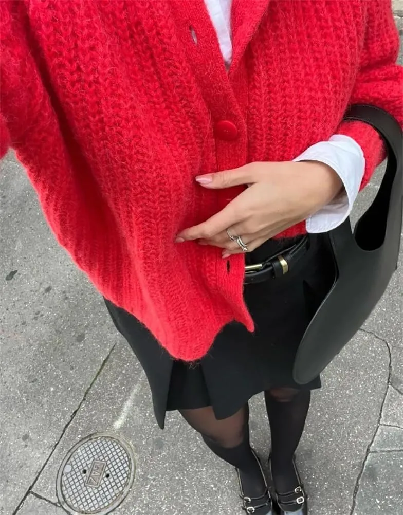 Women's Casual Puff Long Sleeve Crew Neck Cardigan Button Down Open Front Knit Loose Sweater Outwear
