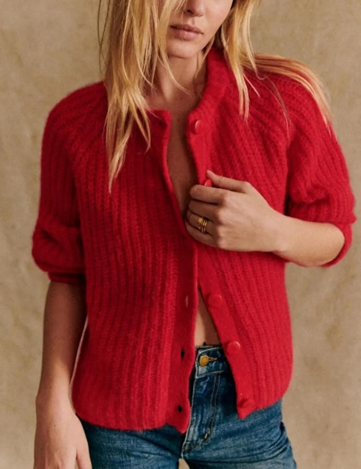 Women's Casual Puff Long Sleeve Crew Neck Cardigan Button Down Open Front Knit Loose Sweater Outwear