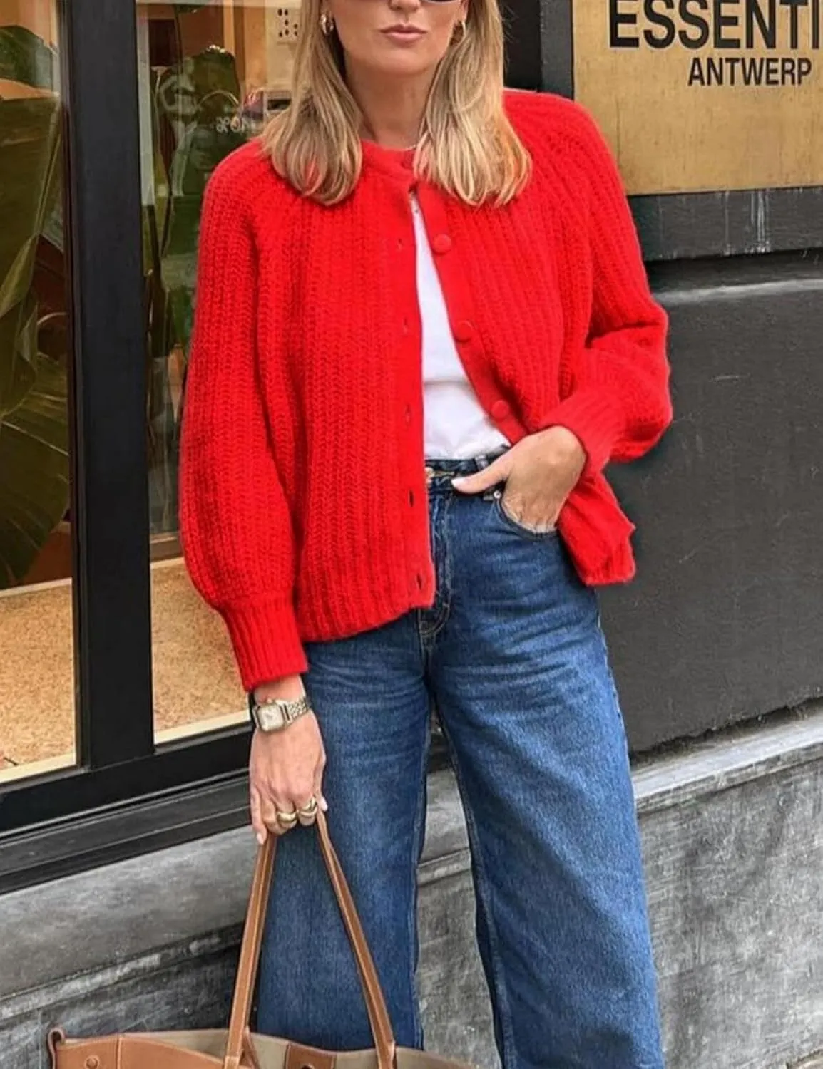 Women's Casual Puff Long Sleeve Crew Neck Cardigan Button Down Open Front Knit Loose Sweater Outwear