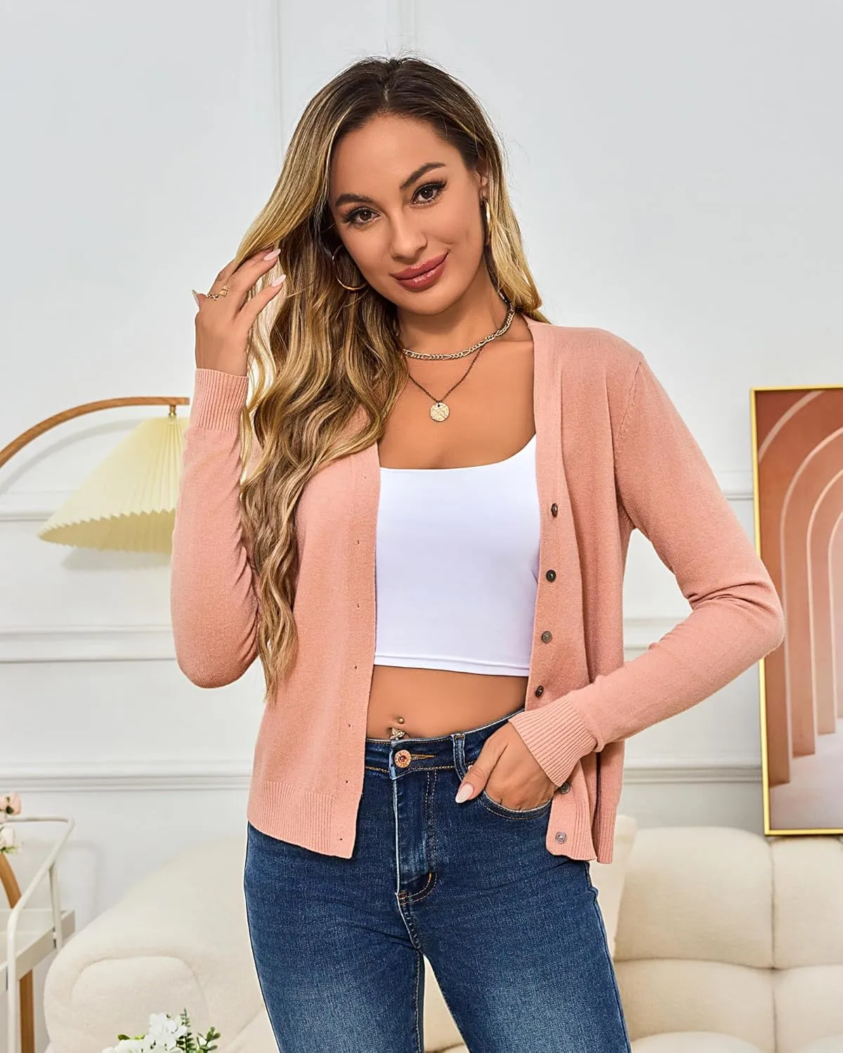 Women's Cropped Cardigan Sweaters Long Sleeve Crochet Knit Bolero Shrug Open Front V-Neck Button Down Sweater Tops
