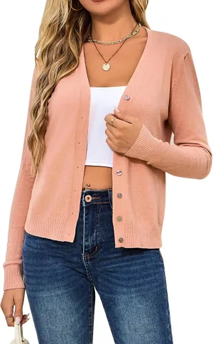 Women's Cropped Cardigan Sweaters Long Sleeve Crochet Knit Bolero Shrug Open Front V-Neck Button Down Sweater Tops