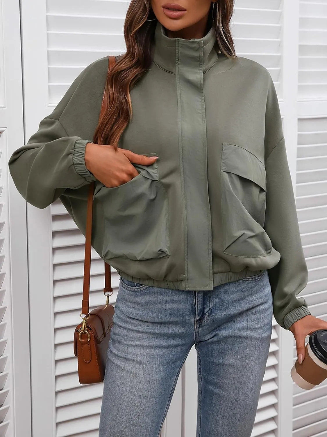 Women's Cropped Oversized Safari Jackets Zip Up Stand Collar Neck Long Sleeve Utility Anorak jacket with Pocket