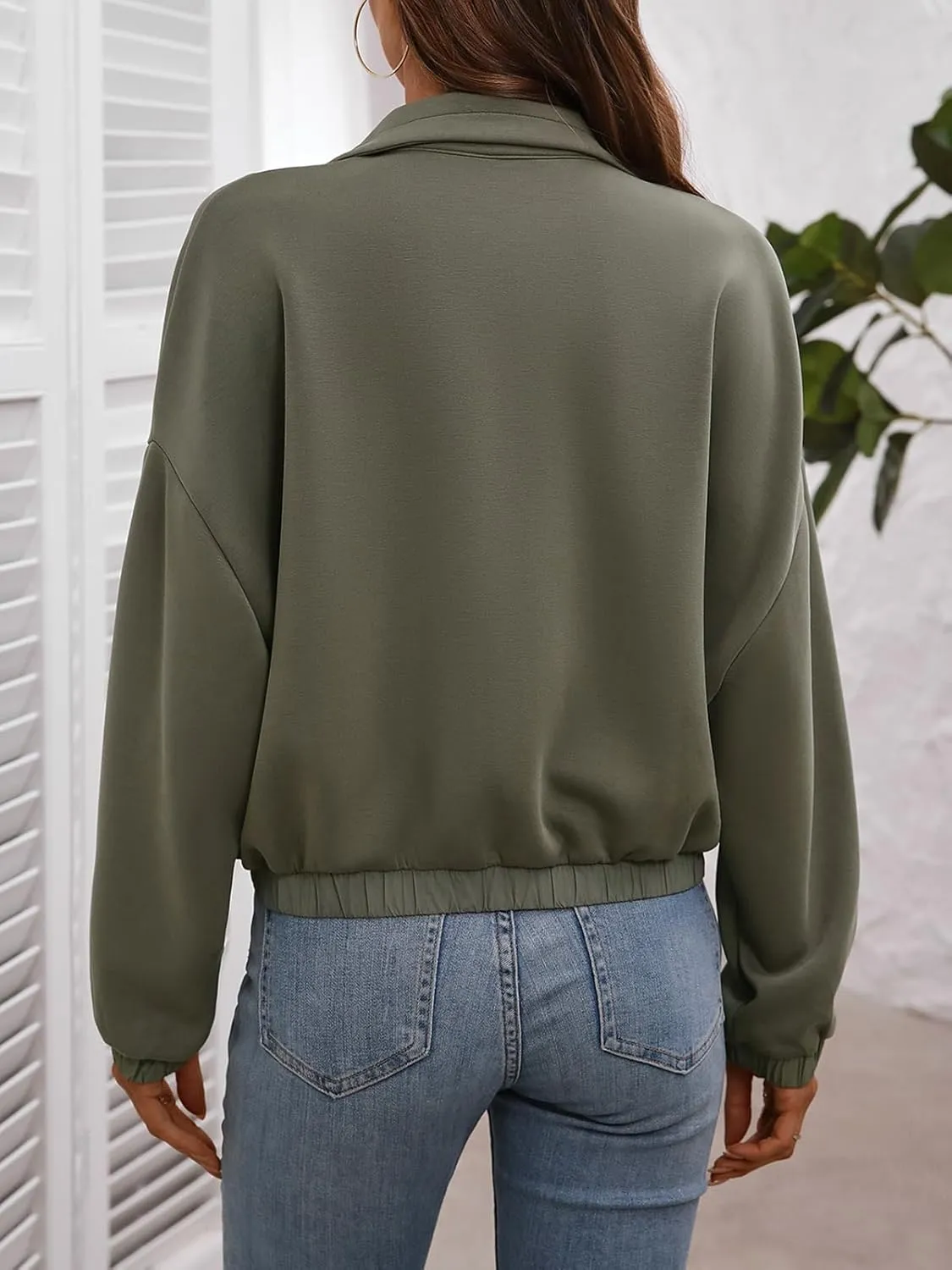 Women's Cropped Oversized Safari Jackets Zip Up Stand Collar Neck Long Sleeve Utility Anorak jacket with Pocket