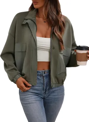 Women's Cropped Oversized Safari Jackets Zip Up Stand Collar Neck Long Sleeve Utility Anorak jacket with Pocket