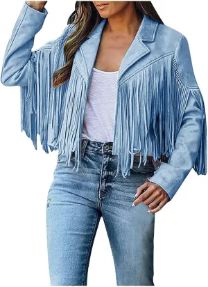 Women's Fringe Faux Suede Leather Jackets 2025 Fashion Tassel Motorcycle Cropped Coats Trendy Cardigan Outwear