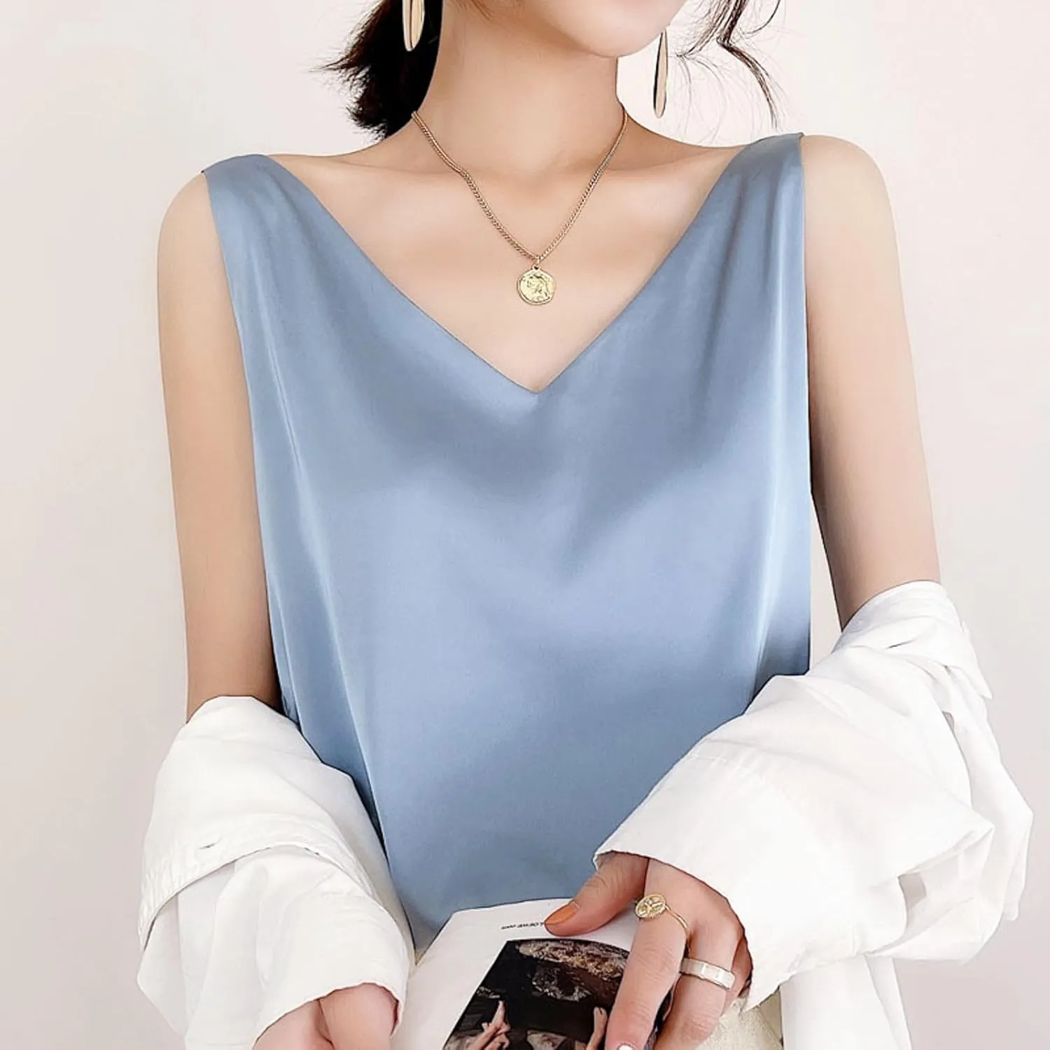 Womens Silk Stain Tank Tops Summer Casual V Neck Sleeveless Blouses Camisole Loose Fit Shirt Dressy Casual Tops