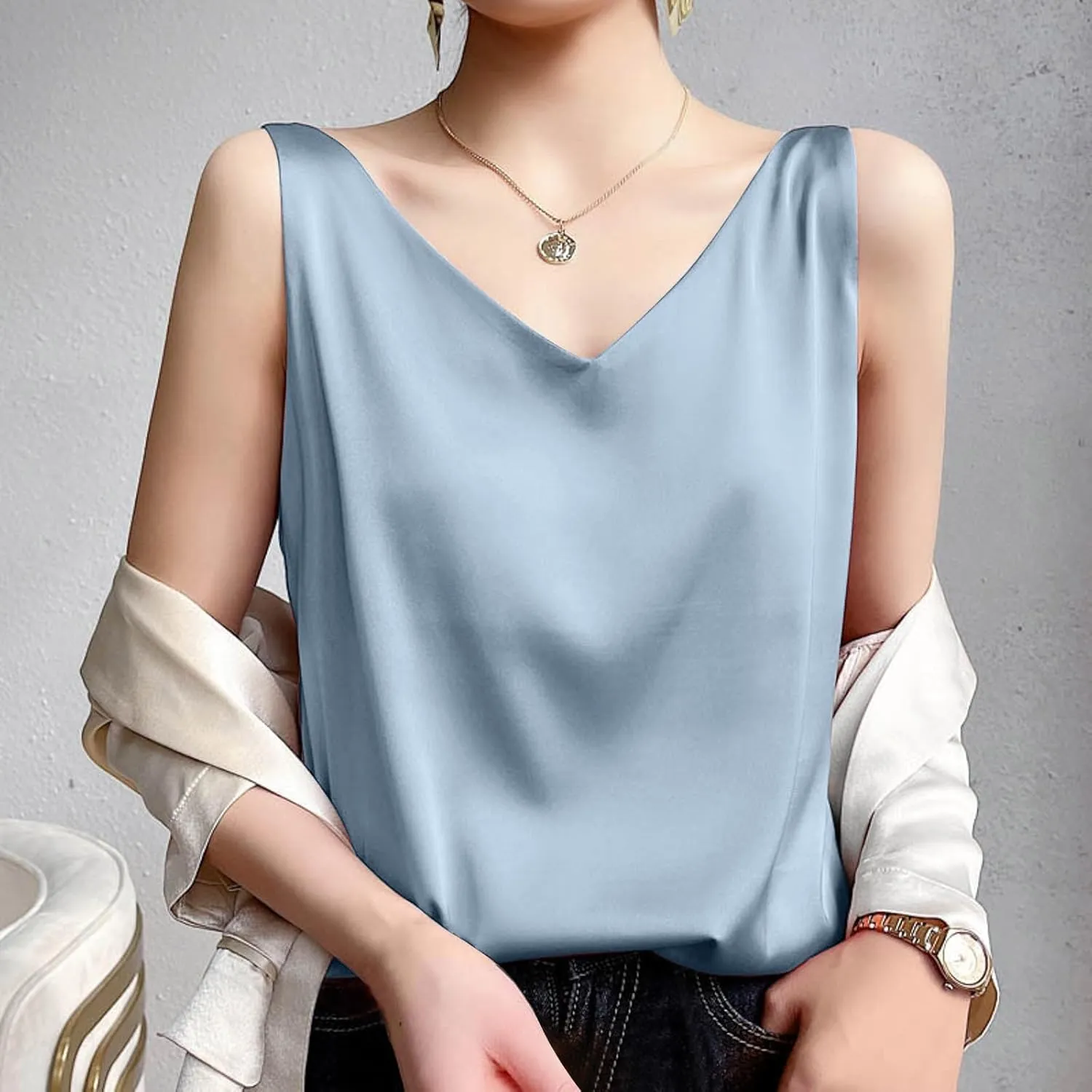 Womens Silk Stain Tank Tops Summer Casual V Neck Sleeveless Blouses Camisole Loose Fit Shirt Dressy Casual Tops