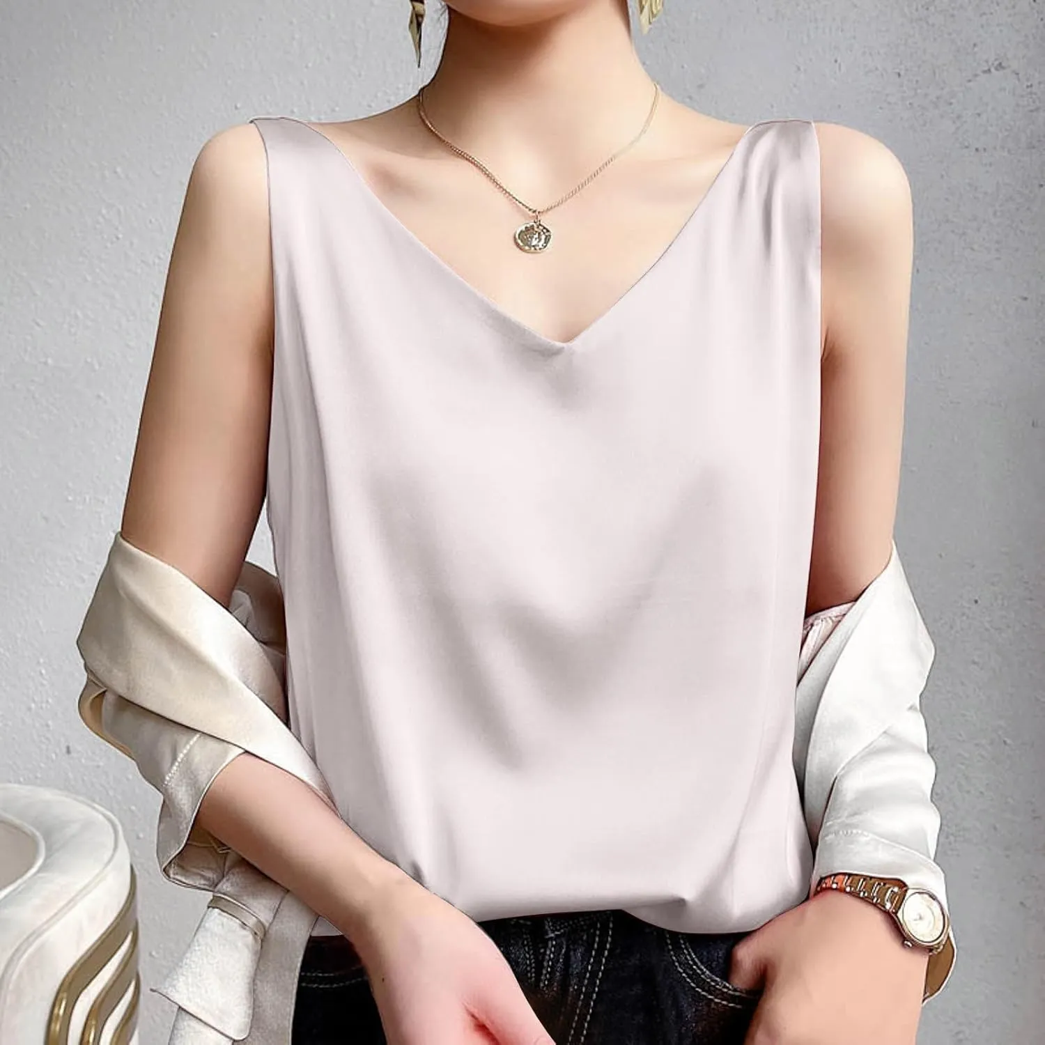 Womens Silk Stain Tank Tops Summer Casual V Neck Sleeveless Blouses Camisole Loose Fit Shirt Dressy Casual Tops