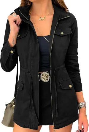 Ybenlow Womens Military Jacket Zip Up Lightweight Safari Utility Drawstring Casual Anorak Jackets with Pockets