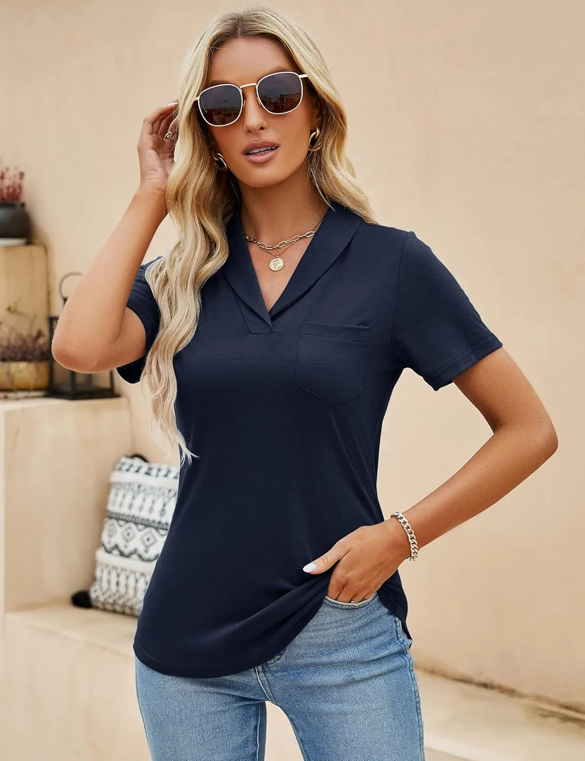 ZHENWEI Womens Short Sleeve Polo Shirts Business Casual V Neck Collared Tops Dressy Work Tunic Blouses with Pocket