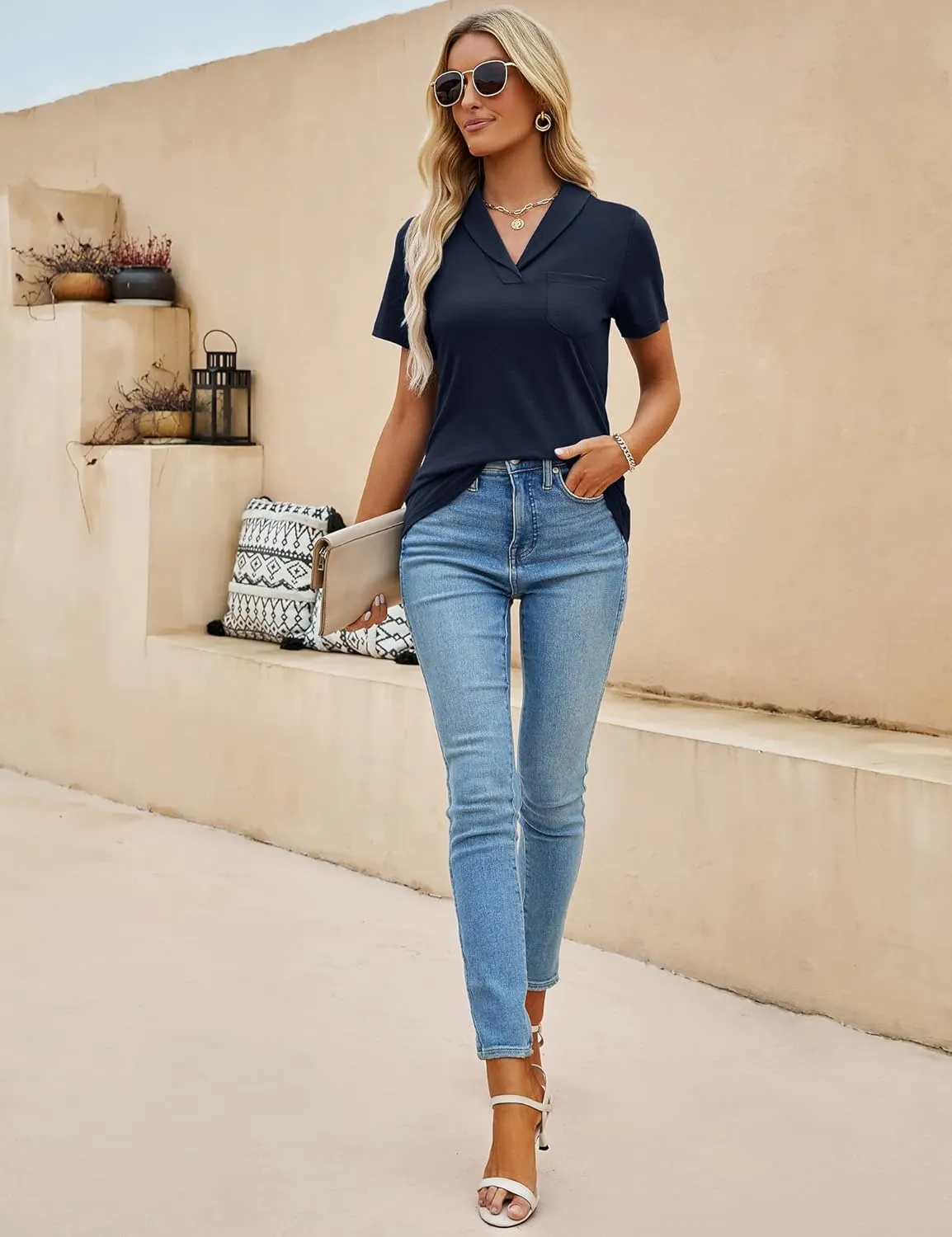 ZHENWEI Womens Short Sleeve Polo Shirts Business Casual V Neck Collared Tops Dressy Work Tunic Blouses with Pocket